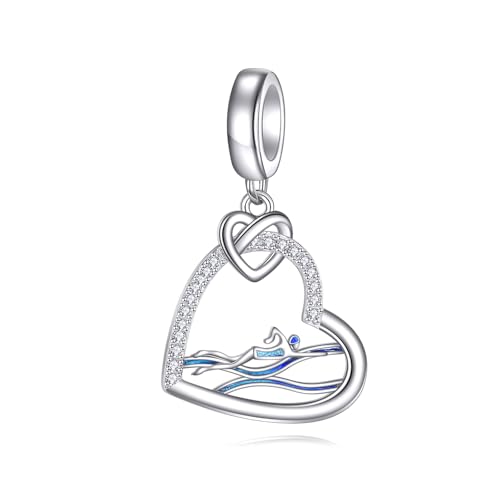 HUKKUN Bijou à motif de natation pour poignet en forme de cœur argenté - Idéal comme cadeau pour l'équipe de natation, Argent sterling