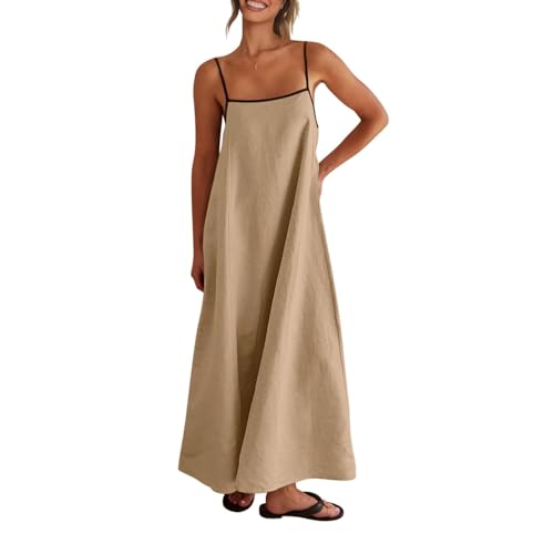 Image of Senllen Women's Linen Dress Summer Loose Flowy Sundress Contrast Spaghetti Strap Sleeveless Backless Beach Maxi Long Dresses