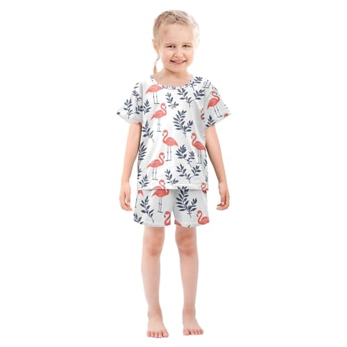 ALAZA Flamingo Leaf Cartoon Pajamas Set Short Sleeve Cotton Sleepwear Summer Pjs 2 Piece 5-14Y3