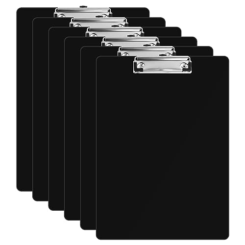 6 Pz Portapapeles A4, Porta-Bloc Carpeta A4, Tablero de Plástico con Clip Metálico Engomado, Tablero con Orificio para Colgar, Portapapeles para Oficina, Cocina y Escuela (Negro)