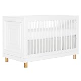 Evolur Loft Art Deco 3-in-1 Convertible Crib in White with Gold Hardware, Greenguard Gold Certified, 3 Mattress Height Settings, Features Rounded Spindles, Converts to Toddler Bed & Daybed