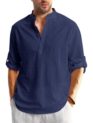 Image of Men's Cotton Blend Straight Kurta Shirt with Mandarin Collar - Slim Fit Casual Short Kurti Featuring Textured Slub Fabric and Roll-Up Full Sleeves