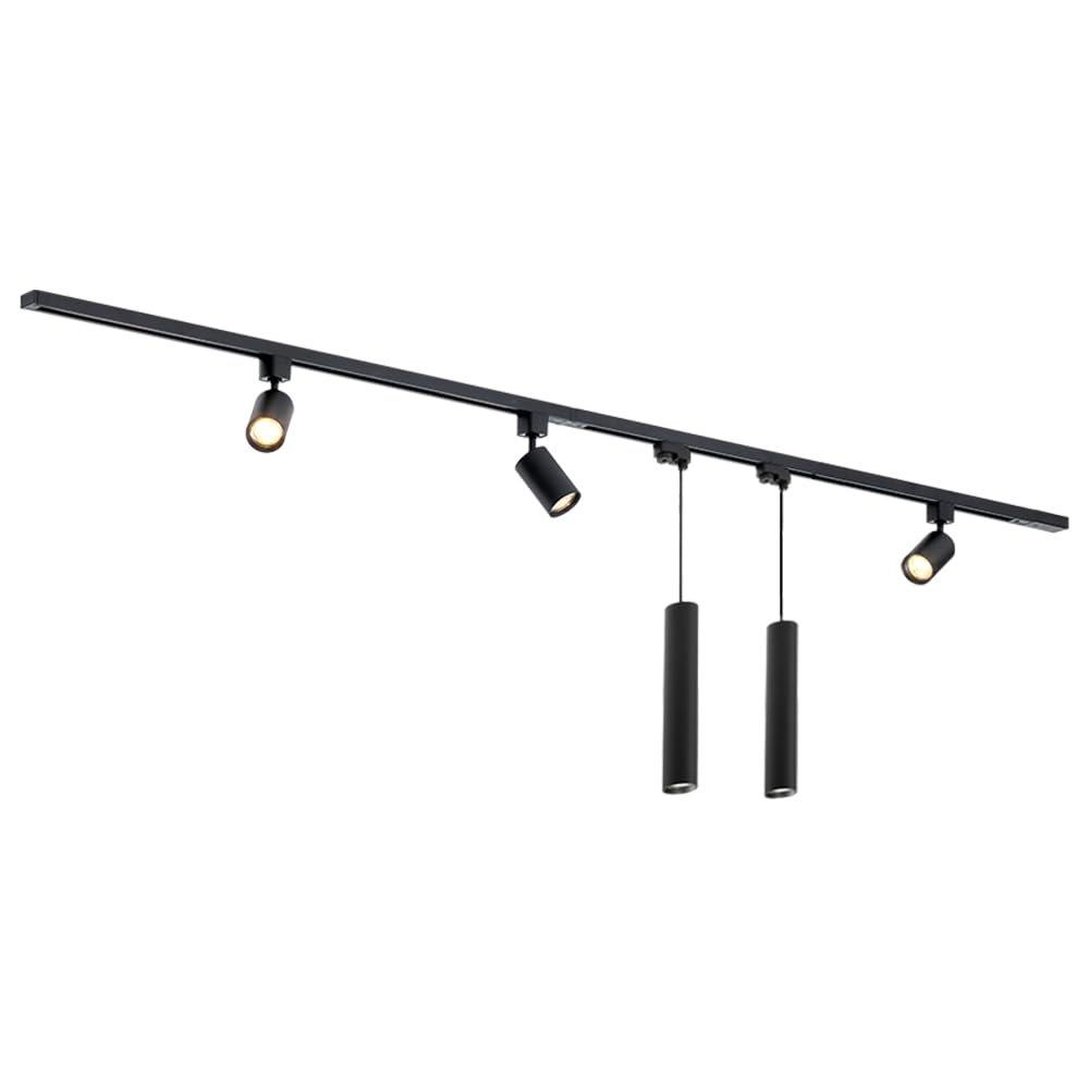 Qub Focus III 1-Phasen Led Schienensystem Komplettset - 200cm - Set 3 Spots und 2 Pendelleuchten - 2x 1m Licht Schienensystem - I-Form - GU10 & LED-Kompatibel - Erweiterbar & flexibel - Schwarz