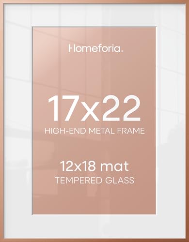 Image of Homeforia 17x22 Picture Frame Rose Gold, High End Metal 17x22 Poster Frames with Mat 12x18 Photo, 17 x 22 Rose Gold Frame Matted to 12 by 18 Print, 22x17 Thin Frame, Tempered Glass, Wall Kit, Set of 1