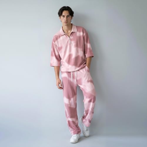 Image of Men's Tie-Dye 2-Piece Set, Short Sleeve Zip Polo Top and Drawstring Trousers, Pink, Casual Style