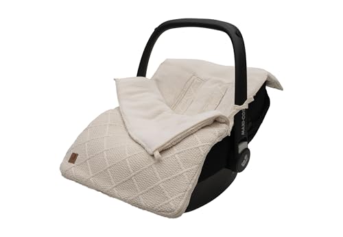 Jollein Saco de dormir Check Knit, Oatmeal – para asiento de coche infantil grupo 0+ y cochecito – para cinturón de 3 puntos y 5 puntos – patrón de punto y forro polar