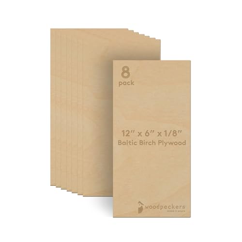 3 mm Baltic Birch Plywood 1/8 x 6 x 12 Inch, Box of 8 B/BB Grade Craft Wood, Stronger Than Basswood Sheets, for Laser, CNC Cutting and Wood Burning, by Woodpeckers