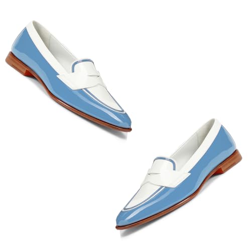 Image of Women Patent Slip On Loafer Flats Two Tone Round Toe Flat Heel Penny Loafers Casual 1 inch Low Heel Loafer Dress Shoes Oxford Comfort Chic Colorblock Office Ladies 4-11 M US
