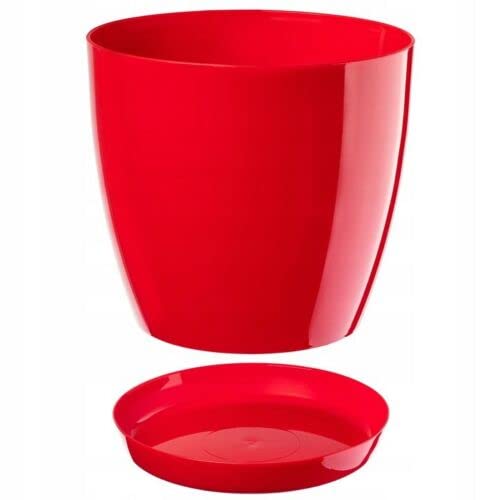 B2C Plant Pot Flower 20 Colours 9 sizes Gloss Plastic Plant Pots Planter Saucer Tray Deco (12 cm/ 4.7 inch, Red)