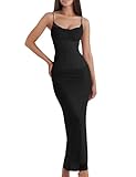 Women's Mesh Double Layer Dresses Lace Trim Maxi Elegant Party Bodycon Dress Slim Fit Back Slit Long Cocktail Party Dresses S-Black