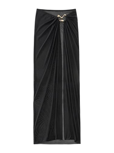 Milumia Women's Ring Linked Mesh Cover Up Maxi Skirt Sexy Sheer Beach Coverup Bodycon Long Skirts