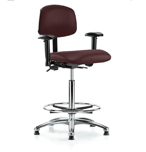 Image of Perch Chrome Stationary Multi-Task Office Chair with Adjustable Armrests and Foot Ring | High Bench Height 24-33.5 inch | Burgundy Vinyl