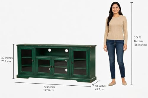 Image of Sheesham Solid Wood TV Cabinet for Living Room | Handcrafted Wooden TV Unit with Storage | Elegant Entertainment Stand for Modern Homes (Glass Tv Cabinet, Rustid Green)
