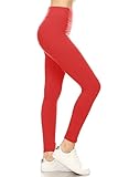 Leggings Depot Women's 3" Waistband Yoga High Waisted Solid Leggings Pants (Full Length, Red, Small)