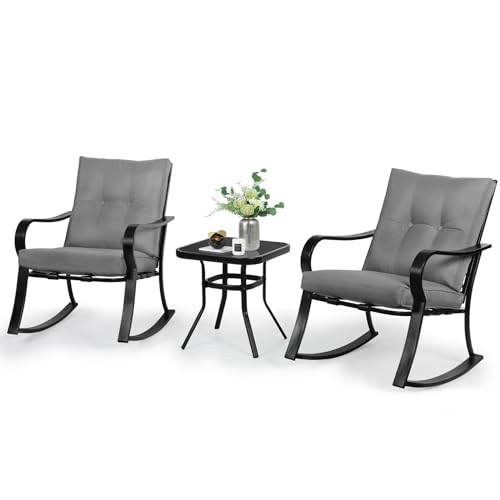 SOLAURA 3-Piece Outdoor Rocking Chairs Bistro Set, Black Iron Patio Furniture with Gray Thickened Cushion & Glass-Top Coffee Table