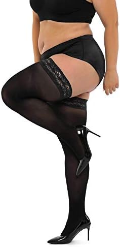 HONENNA Semi Sheer Stay Up Lingerie Plus Size Thigh High Stockings Lace Top Pantyhose for Women