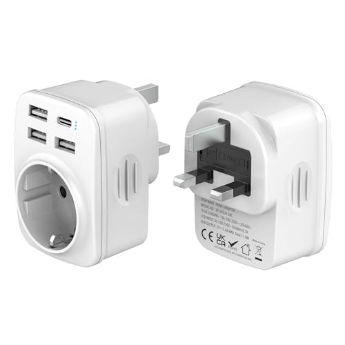 Hoppac Adaptateur Prise Anglaise, Prise Anglaise Adaptateur Francais Avec 3USB A et 1USB C,Adaptateur Voyage Multifonction 5 en 1 Prise Anglaise/UK vers France Pour...
