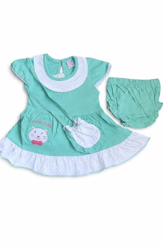 Image of Baby Girls Frock Dress with Bloomer Set | Short Sleeve Polka Dot Inner Layer & Bow Detail Special for 0-6 Months