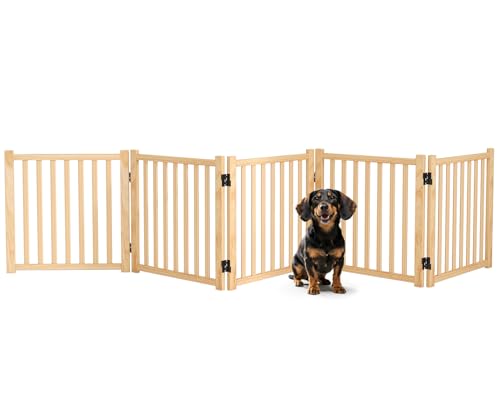 Pshelfy Hundeabsperrgitter aus Holz 5 Paneelen 58cm Höhe - Freistehend & Faltbar, 360° Drehbar für Tür, Treppe, Flur als Welpen-Gitter & Kinderschutzgitter (BxH: 292 cm x 58 cm, Naturholz)