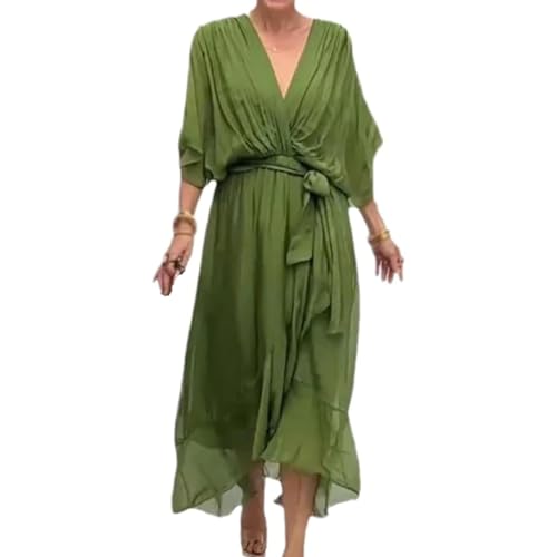 Robe longue d'été fluide taille haute asymétrique avec col en V