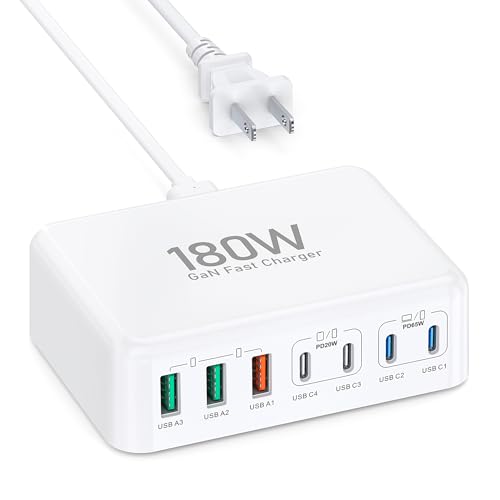 USB C Charger Block, 180W GaN 7 Port USB Charging Station Wall Charger PD 65W Laptop Power Adapter Wall Plug, USB C Block Charging Hub for MacBook Pro/Air,DELL,HP, iPhone 15/14/13,iPad,Galaxy S24/S23