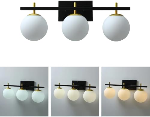 Image of Mid Century 3-Light Bathroom Vanity Light Over Mirror, Black and Gold Modern Bathroom Light Fixtures with Milky White Frosted Glass Globe Shade, Wall Sconces for Bathroom, Stairs, Kitchen