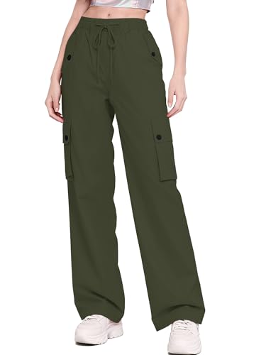 Image of Betusline Girls & Women's High Waist Wide Leg Cargo Pants Y2K Parachute Pants with Pockets and Drawstring 6 Years-Women 2XL