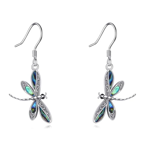 Dragonfly Earrings S925 Sterling Silver Dragonfly Abalone Shell Dangle Drop Earrings Jewelry for Women