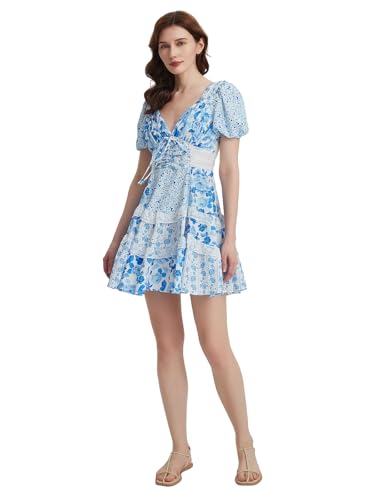 Image of hibshaby Women's Floral Patchwork Dress V Neck Lace Layered Ruffle Flowy Babydoll Dress Puff Sleeve Tiered Mini Sundress