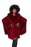 SUFCOMOU Women Cape Poncho with Fur Trim Winter Faux Fur Shawl Wrap Coat Sleeveless Cardigan Cloak (Burgundy)