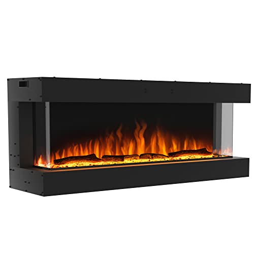 Valuxhome 3-Sided Electric Fireplace, 64 Inch Recessed and Wall Mounted Fireplaces, Built-in Fireplace Decorations for Living Room with Overheating Protection, Remote, Log & Crystals, Black