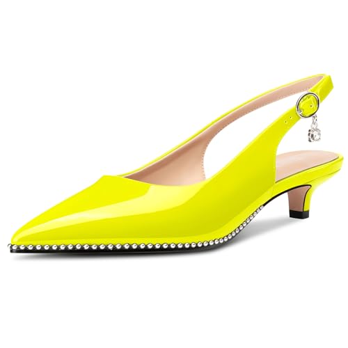 Image of TNYNFBEB Womens Low Kitten Heel Close Pointed Toe Pumps Slingback Silver Beaded Buckle Prom Party Dress Patent Leather 1.4 Inches Heels