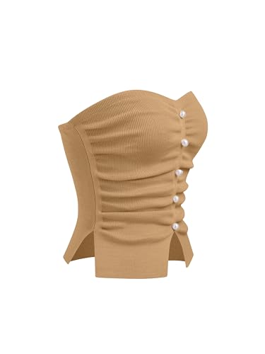 Image of CIDER Faux Pearl Tube Tops for Women Split Hem Knit Crop Y2K Going Out Tops | Cute Ruched Tops, Spring Summer Outfits, Vacation, Concert