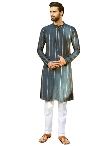 Image of See Designs Men Full Sleeve Chanderi Silk Sequins Mandarin Collar Side Slit Kurta With Pyjama