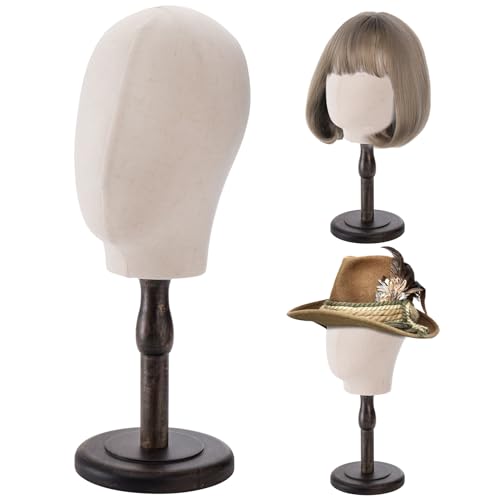 Peohud 21 Inch Mannequin Head Canvas Wig Stand with Head Linen Dome Model Head with Detachable Wood Stand for Hats Caps Headdress Wig Making Headband Display