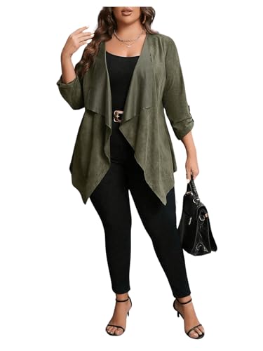 Image of Floerns Women's Plus Size Waterfall Collar Roll Up Sleeve Open Front Cardigan Army Green 2XL