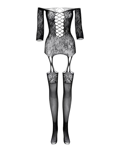 Buitifo Womens Fishnet Bodystocking Plus Size Crotchless Bodysuit Sexy Tights Soft Nightwear Lingerie (Black TJC,M)