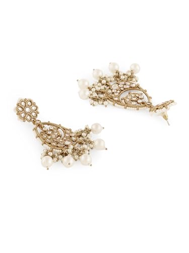Image of Zaveri Pearls Antique Gold Tone Kundan & Pearls Embellished Dangler Earring For Women-ZPFK19030