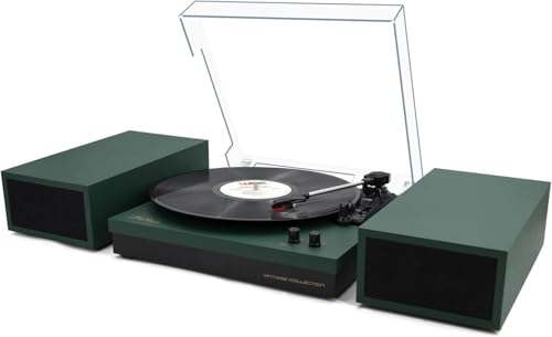 Image of LP&No.1 Bluetooth Record Player with Stereo Bookshelf Speakers, Vintage 3-Speed Belt Drive Turntable, Wireless Input, RCA Output, Auto Stop Function | Dark Green