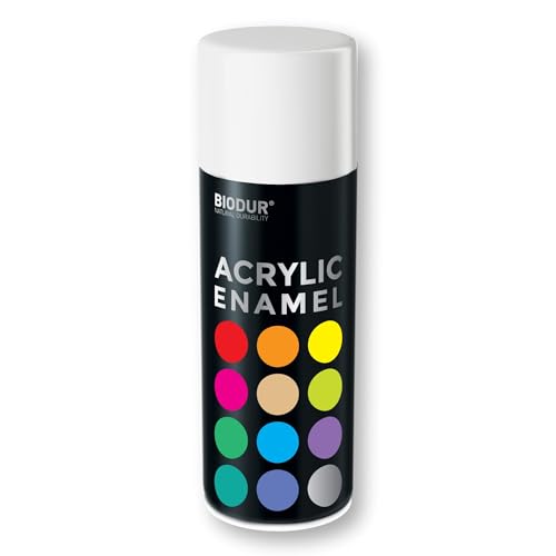 Biodur Acryl-Emaille Sprühlack 400 ml, Glänz RAL 9010 Weiß, Glänzend, Akrylemaille UV-beständig, Einsetzbar für Innen- und Außenbereich, Schnelltrocknend Sprühdose