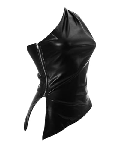 Women's One Shoulder Sleeveless Leather Tank Tops with Zipper Pleated Slim Asymmetrical Ruched Blouse T Shirt3