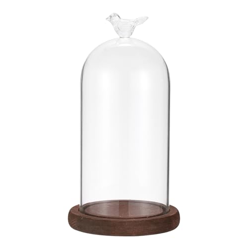 PATIKIL 3.3x7.9 Glass Display Dome Cloche, Decorative Display Bell Jar with Bird Shape Top and Wooden Base for Plants Collectible Figure Candles, Ancient Color