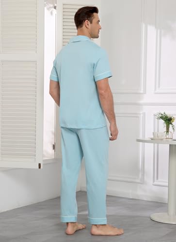 Image of COLORFULLEAF 100% Cotton Mens Pajamas Set Short Sleeve Loungewear with Long Pants Button Down Sleepwear Soft Comfy Pj for Men