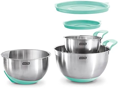 DASH Stainless Steel Mixing Bowls with Lids, Silicone Non-Slip Base with Measuring Lines and Strainer, 3 Bowl Set - 1.5 Quart, 3 Quart, & 5 Quart - Aqua - Thumbnail 2