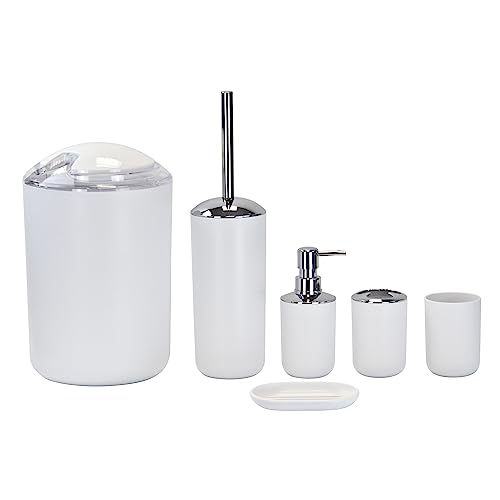 6 Pcs Bathroom Set - Luxury Plastic Bath Accessories Set with Toothbrush Holder, Tumbler, Toilet Brush, Soap Dish,Trash Can, Soap Dispenser Bathroom Accessory Sets (White)