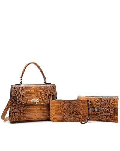 Makukke 3Pcs Top Handle Purse Set for Women, PU Leather Satchel with Adjustable Crossbody Strap, Shoulder Bag for Work,Travel (Brown)