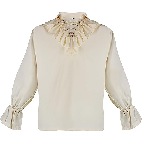 Camisa vintage para hombre con mangas abullonadas, camisa medieval, cuello plisado, con cordones, color liso, corte delgado, simple, alto elegante, casual renacentista, cosplay Steampunk, corte de