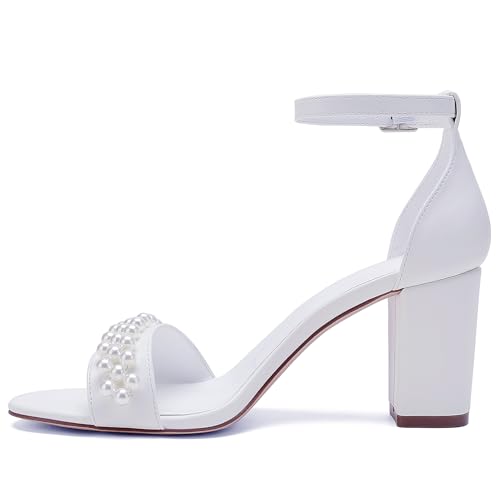 Open Toe Chunky Block Heels Satin Pearl Wedding Shoes for Bride High Heels Sandals Bridal Shoes Evening Prom Party Dress Shoes Pumps for Women3