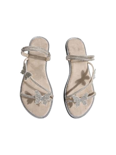 Image of OYOANGLE Women's Silver Rhinestone Sandals Sparkly Dressy Flat Sandals