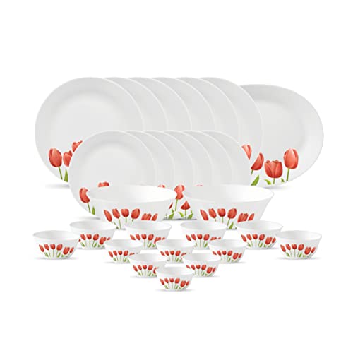 La Opala Diva, Ivory Collection, Opal Glass Dinner Set 27 Pcs, Tulip Garden, White